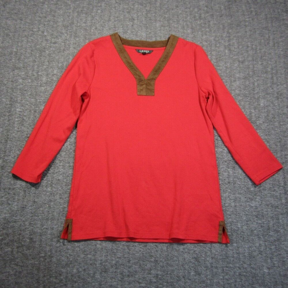 Lauren Ralph Lauren Tunic Blouse L Red Faux Suede V Neck‎ 3/4 Sleeve Side Slits